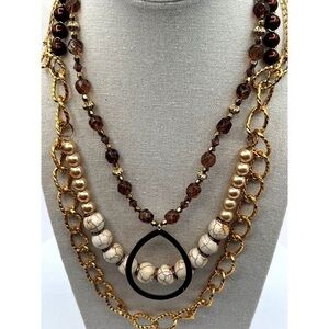 Layered Gold  Tone Chain Beaded Necklace & Pendant